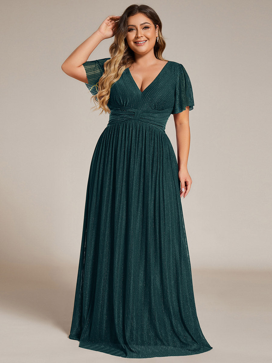 Bodenlanger V-Ausschnitt A-Linie Mesh Kleid Mit Falten Details Elegantes Abendkleid #Farbe_Petrol
