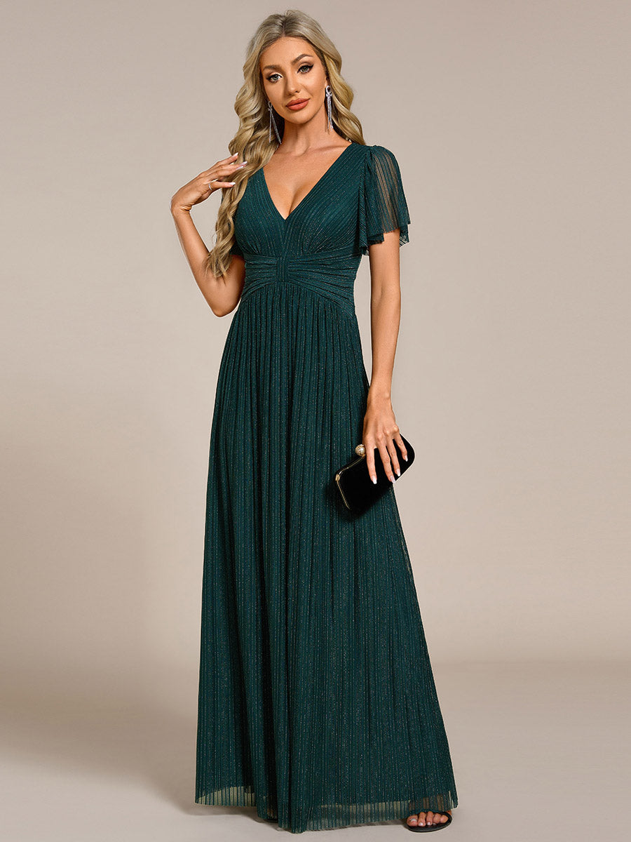 Bodenlanger V-Ausschnitt A-Linie Mesh Kleid Mit Falten Details Elegantes Abendkleid #Farbe_Petrol