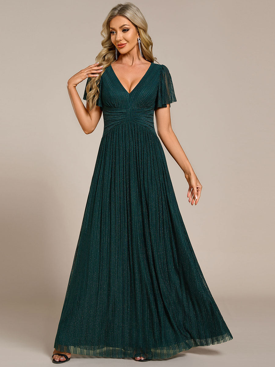 Bodenlanger V-Ausschnitt A-Linie Mesh Kleid Mit Falten Details Elegantes Abendkleid #Farbe_Petrol