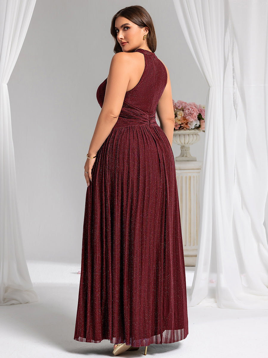 Bodenlanger Halterneck A-Linie Mesh Kleid Mit Tiefem V-Ausschnitt Eleganz Kleid #Farbe_Burgunderrot