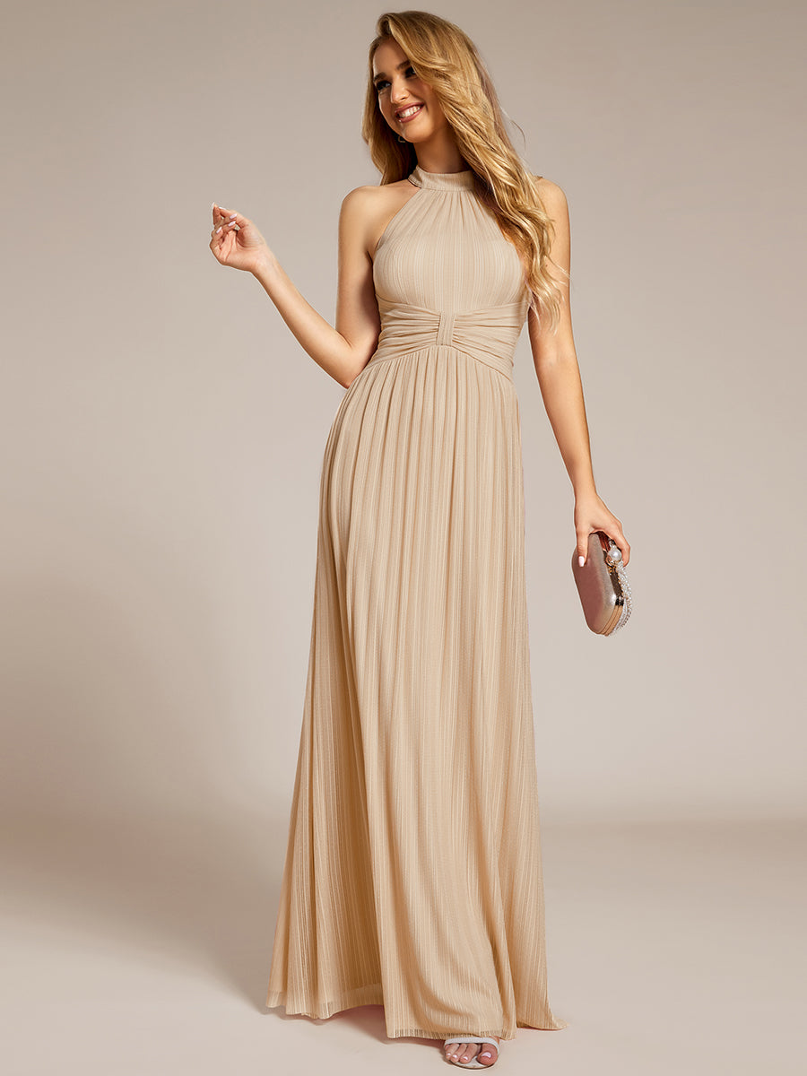 Bodenlanger Halterneck A-Linie Mesh Kleid Mit Tiefem V-Ausschnitt Eleganz Kleid #Farbe_Champagner