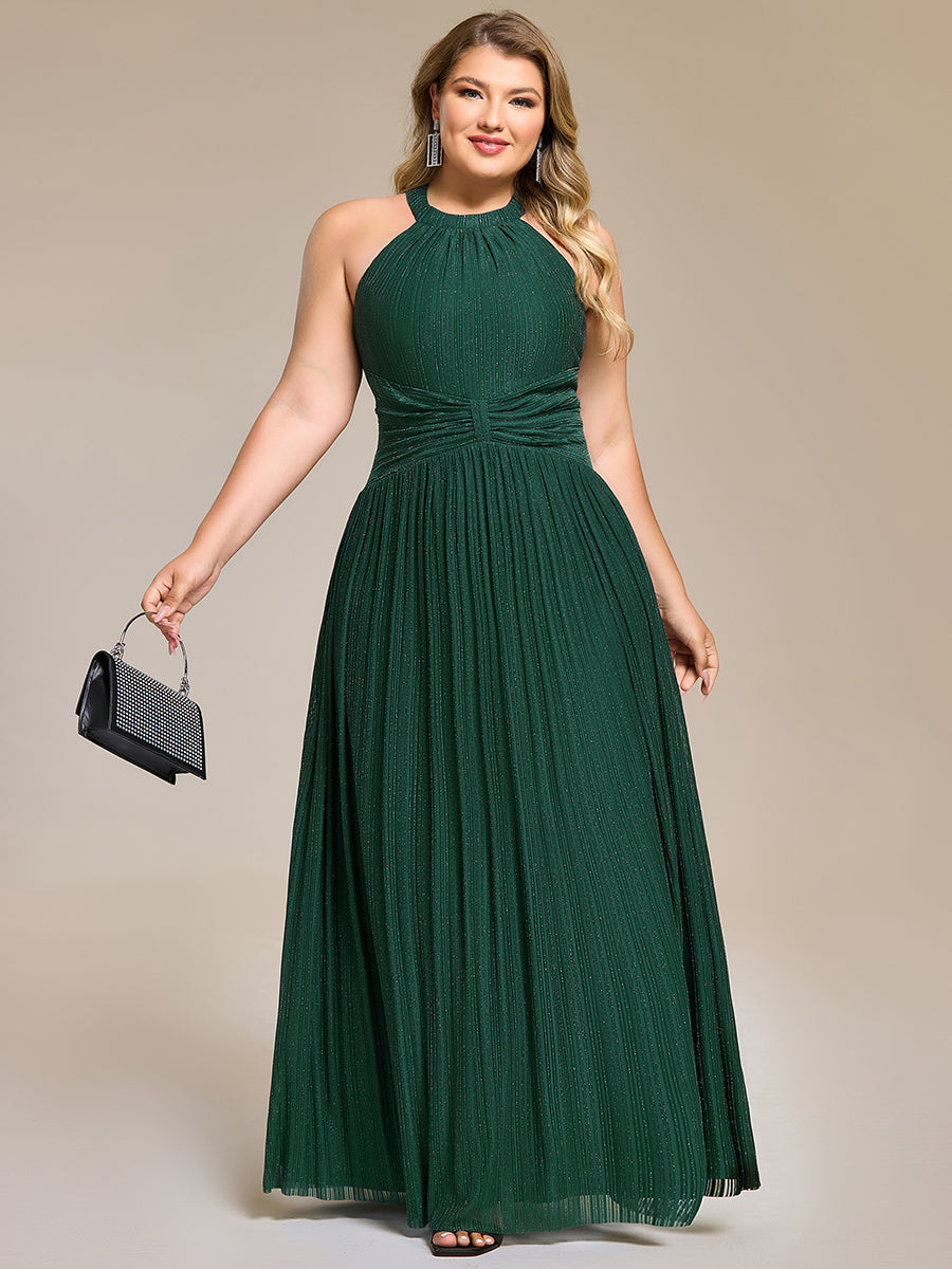 Bodenlanger Halterneck A-Linie Mesh Kleid Mit Tiefem V-Ausschnitt Eleganz Kleid #Farbe_Dunkelgrün