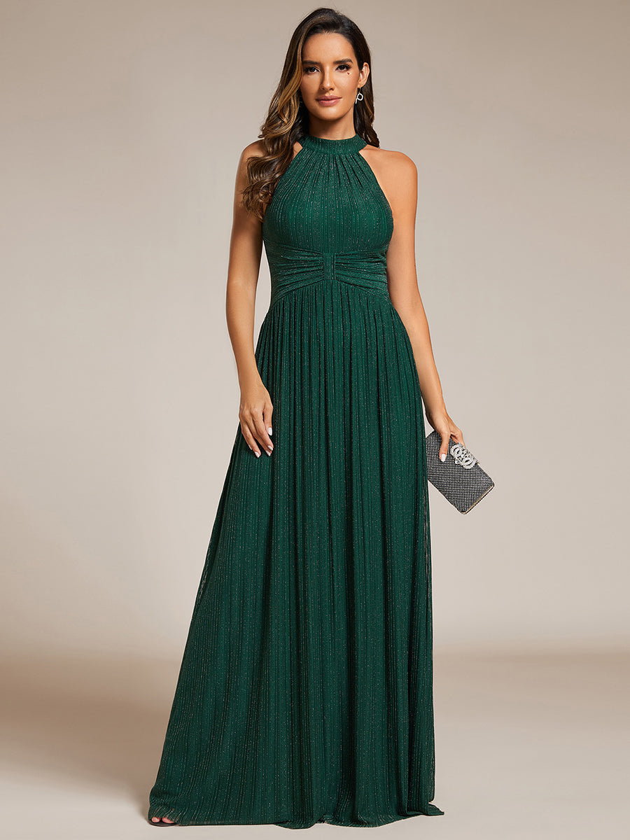 Bodenlanger Halterneck A-Linie Mesh Kleid Mit Tiefem V-Ausschnitt Eleganz Kleid #Farbe_Dunkelgrün