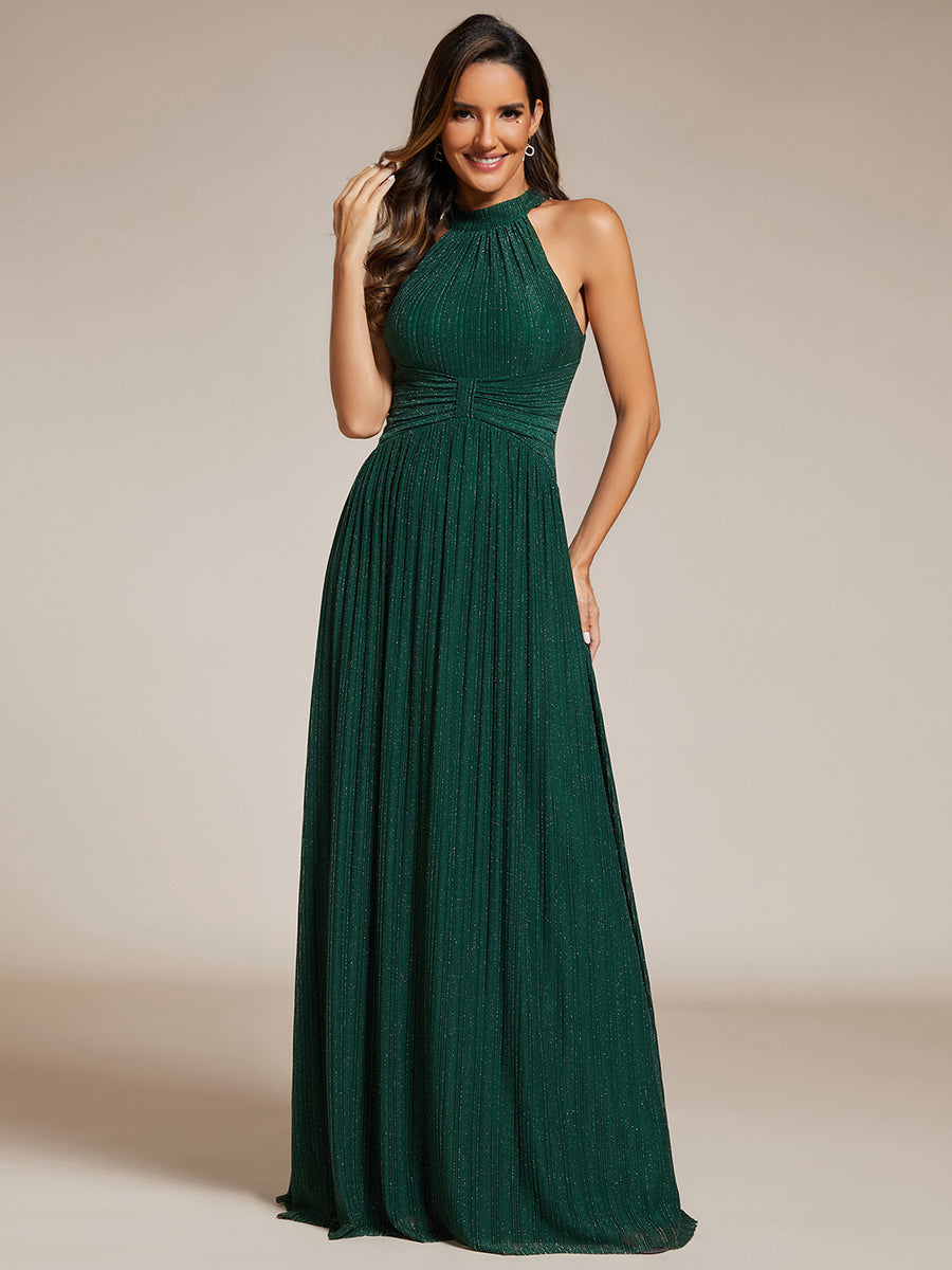 Bodenlanger Halterneck A-Linie Mesh Kleid Mit Tiefem V-Ausschnitt Eleganz Kleid #Farbe_Dunkelgrün