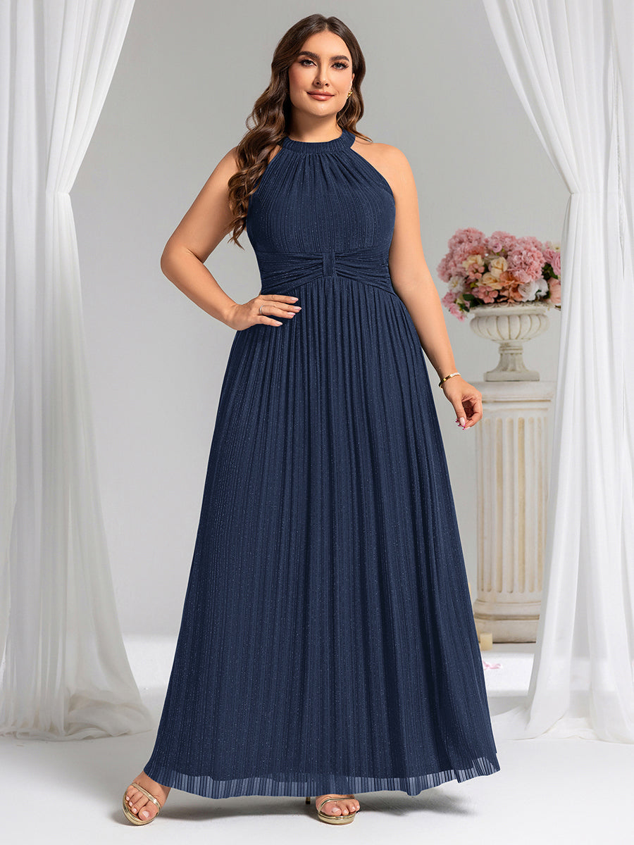 Bodenlanger Halterneck A-Linie Mesh Kleid Mit Tiefem V-Ausschnitt Eleganz Kleid #Farbe_Marineblau
