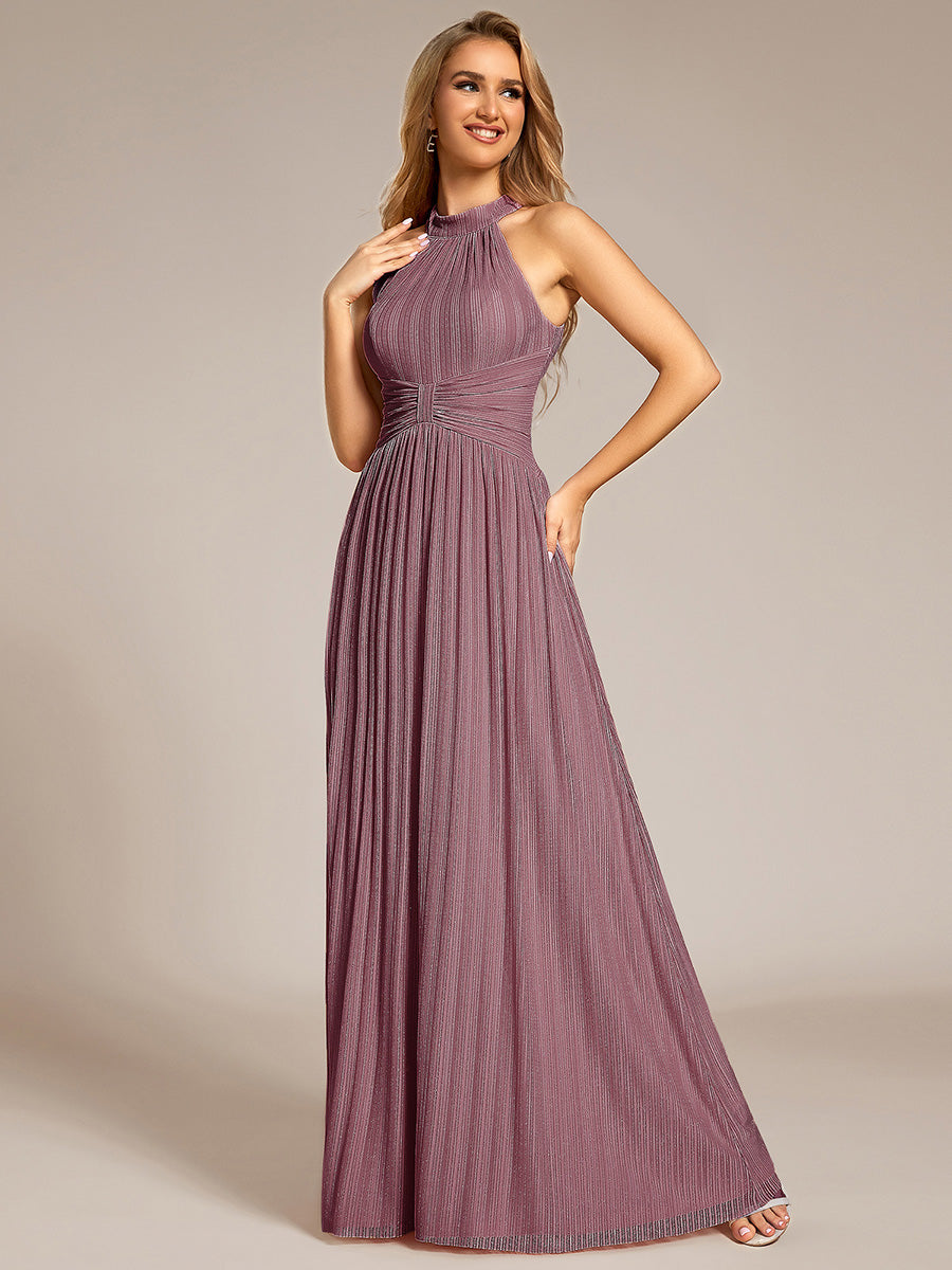 Bodenlanger Halterneck A-Linie Mesh Kleid Mit Tiefem V-Ausschnitt Eleganz Kleid #Farbe_Orchideenviolett