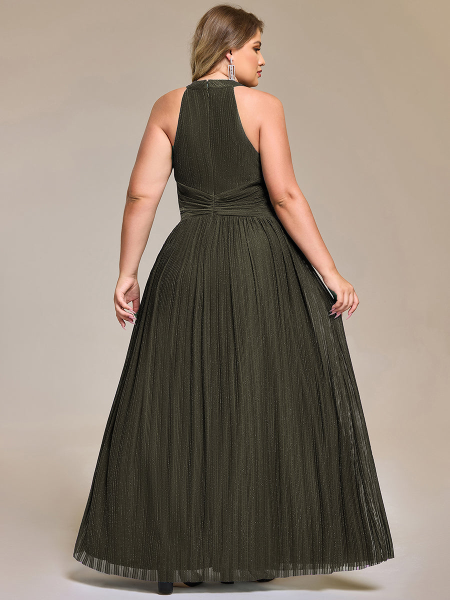 Bodenlanger Halterneck A-Linie Mesh Kleid Mit Tiefem V-Ausschnitt Eleganz Kleid #Farbe_Olivgrün