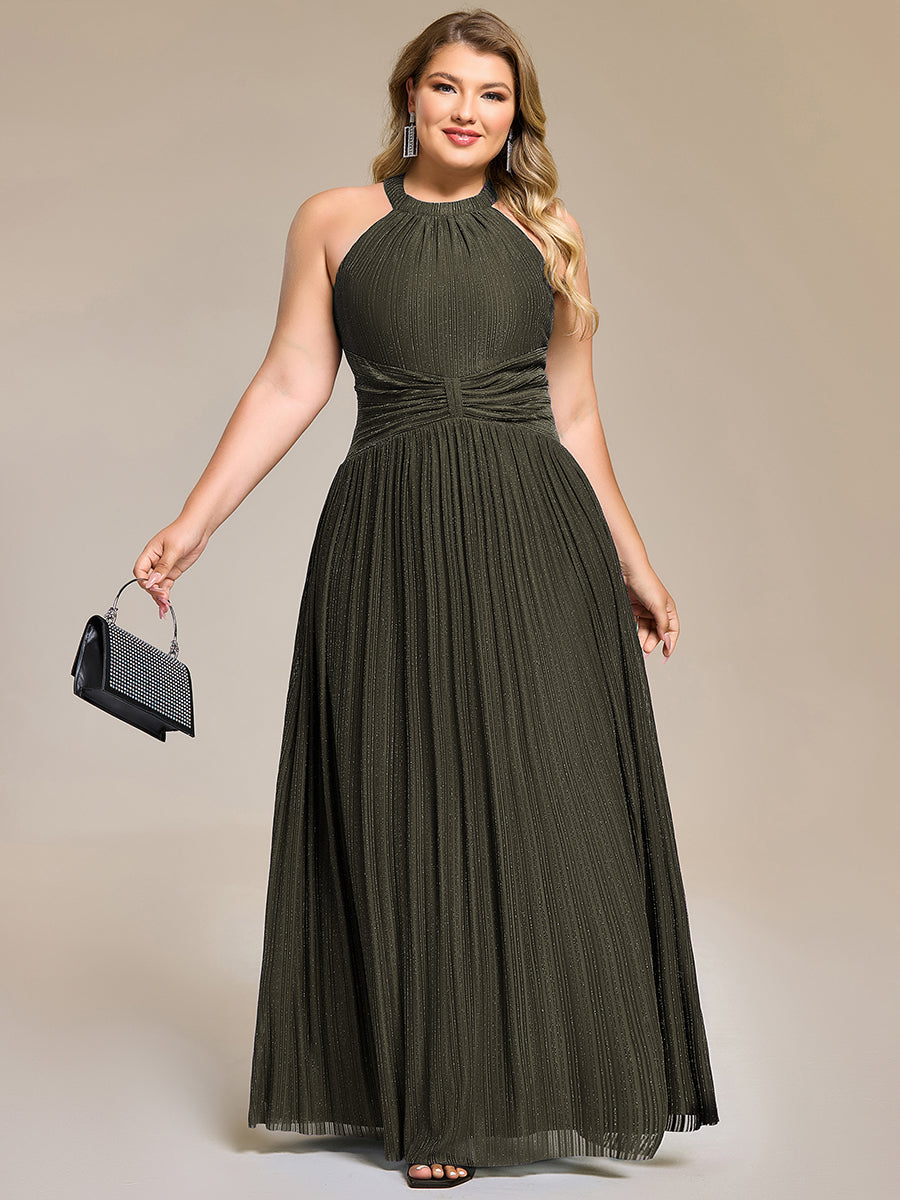Bodenlanger Halterneck A-Linie Mesh Kleid Mit Tiefem V-Ausschnitt Eleganz Kleid #Farbe_Olivgrün