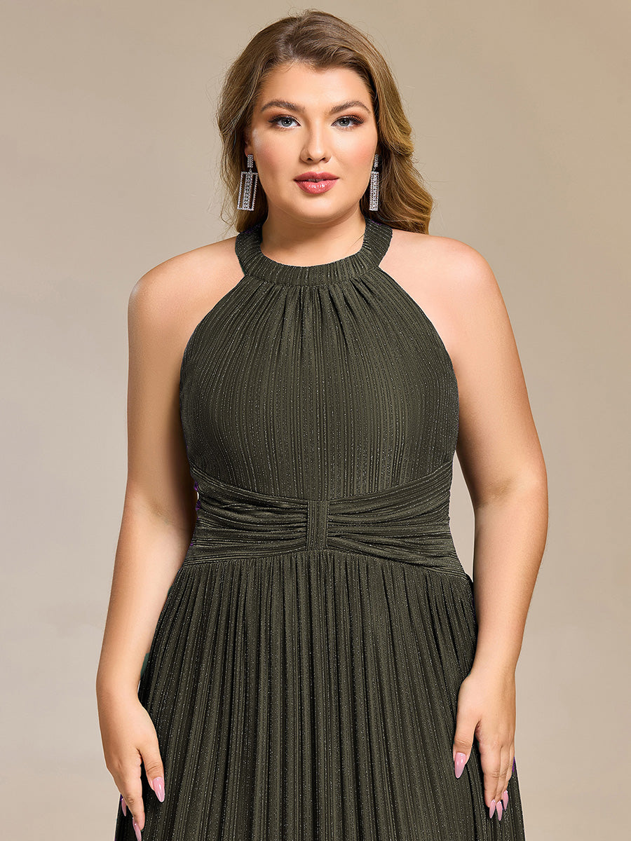 Bodenlanger Halterneck A-Linie Mesh Kleid Mit Tiefem V-Ausschnitt Eleganz Kleid #Farbe_Olivgrün