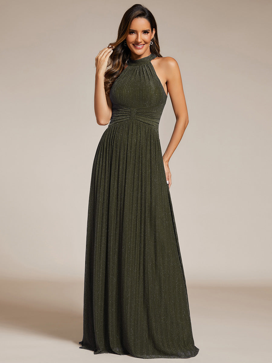 Bodenlanger Halterneck A-Linie Mesh Kleid Mit Tiefem V-Ausschnitt Eleganz Kleid #Farbe_Olivgrün
