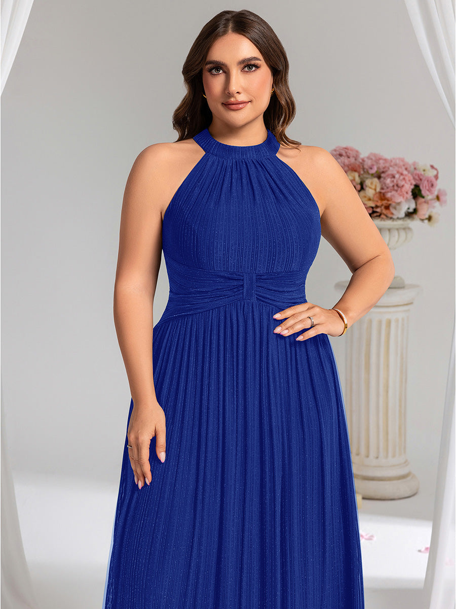 Bodenlanger Halterneck A-Linie Mesh Kleid Mit Tiefem V-Ausschnitt Eleganz Kleid #Farbe_Saphirblau