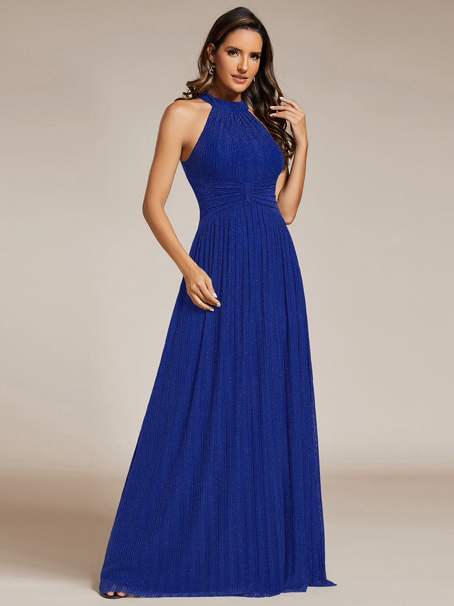 Bodenlanger Halterneck A-Linie Mesh Kleid Mit Tiefem V-Ausschnitt Eleganz Kleid #Farbe_Saphirblau