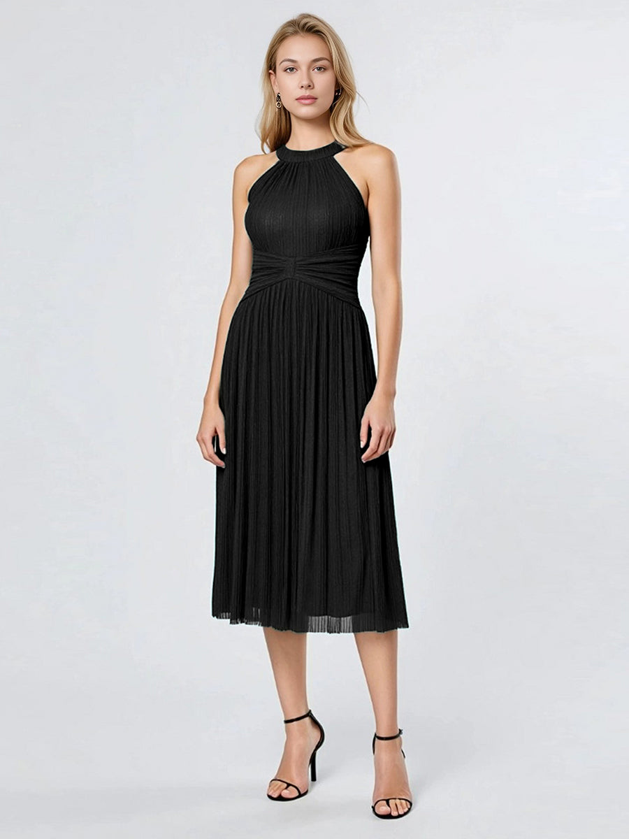 Midi Und Tea Länge Halterneck A Linie Mesh Kleid Mit Elegantem Design Und Bequemem Sitz #Farbe_Schwarz