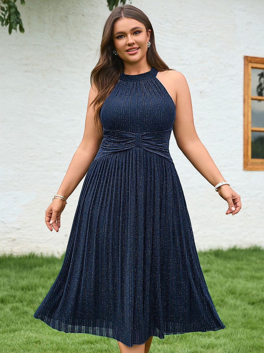 Midi Und Tea Länge Halterneck A Linie Mesh Kleid Mit Elegantem Design Und Bequemem Sitz #Farbe_Marineblau