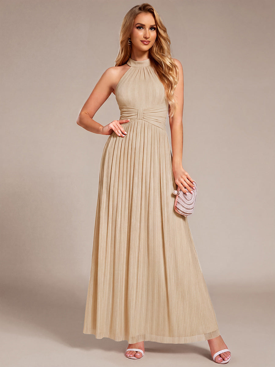 Bodenlanger Halterneck A-Linie Mesh Kleid Mit Tiefem V-Ausschnitt Eleganz Kleid #Farbe_Champagner