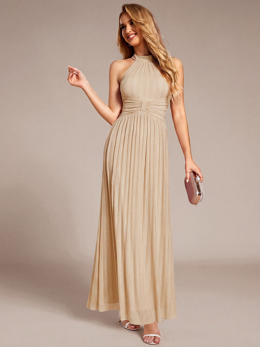 Bodenlanger Halterneck A-Linie Mesh Kleid Mit Tiefem V-Ausschnitt Eleganz Kleid #Farbe_Champagner