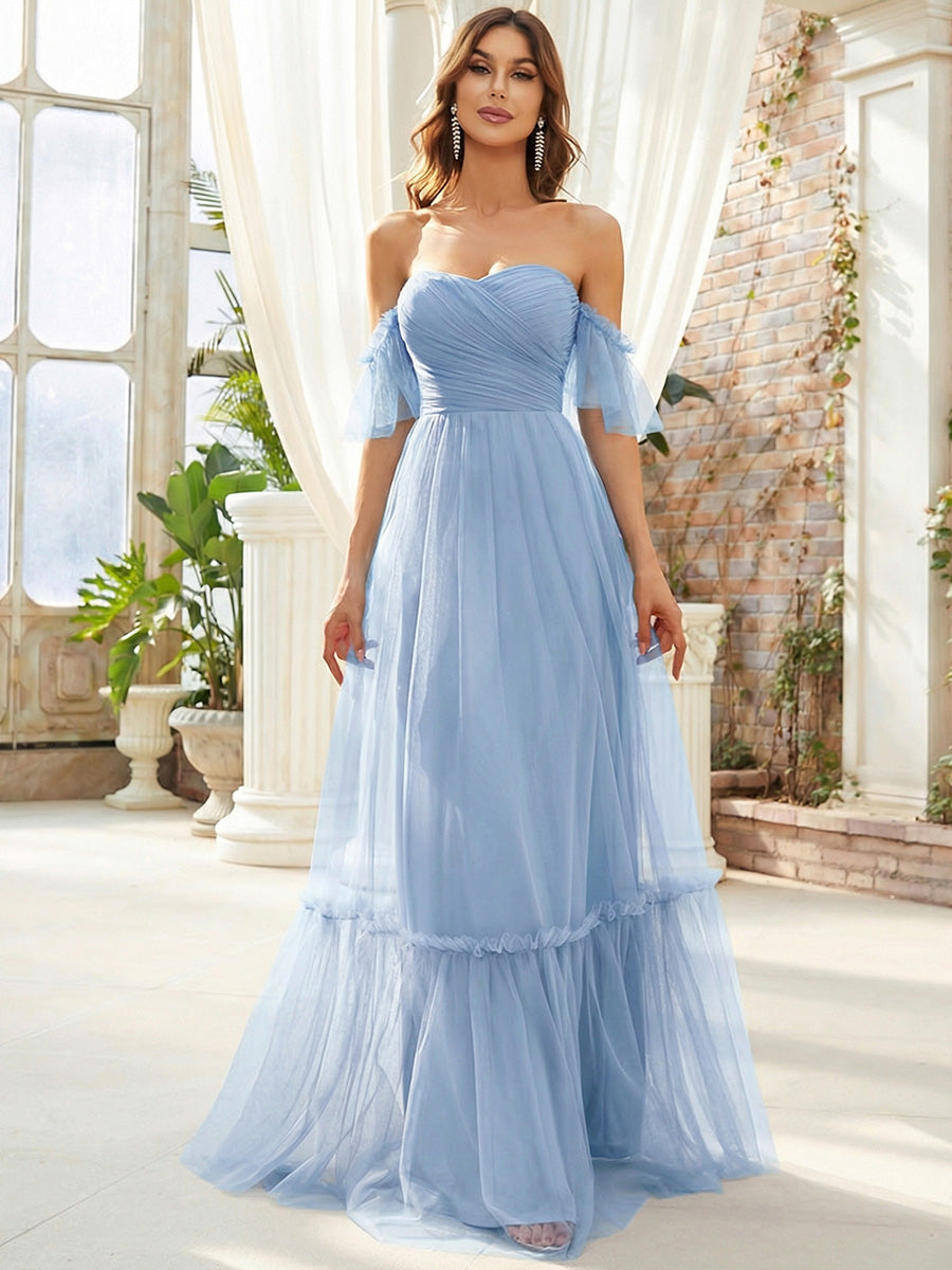 Schulterfreies plissiertes Tüll-Abendkleid mit Herzausschnitt #Farbe_Eisblau