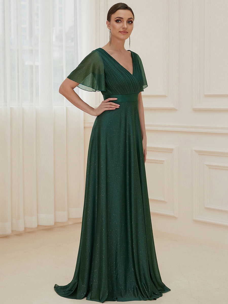Bodenlanger A-Linien Kleid Mit Tiefem V-Ausschnitt Aus Diamant Leinen Falten Design Kleid #Farbe_Dunkelgrün