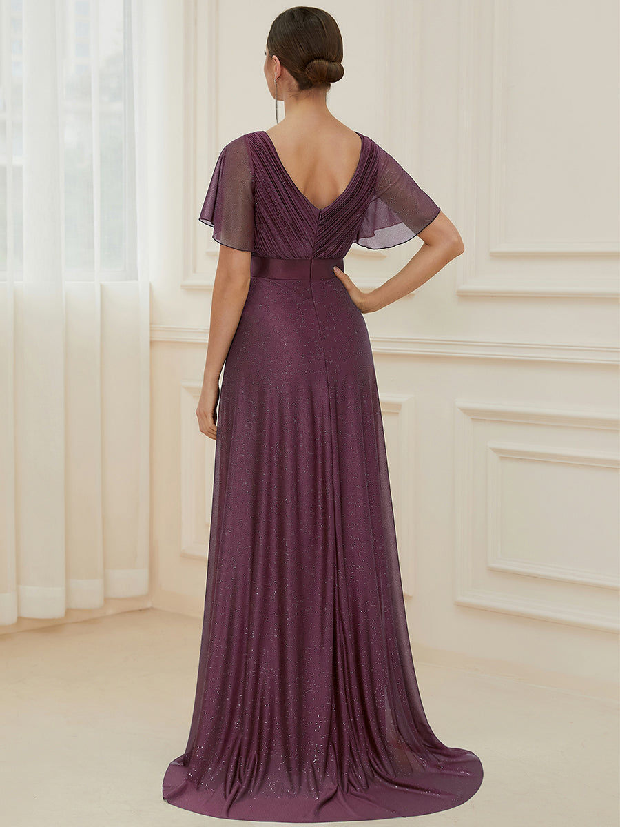 Bodenlanger A-Linien Kleid Mit Tiefem V-Ausschnitt Aus Diamant Leinen Falten Design Kleid #Farbe_Dunkelviolett
