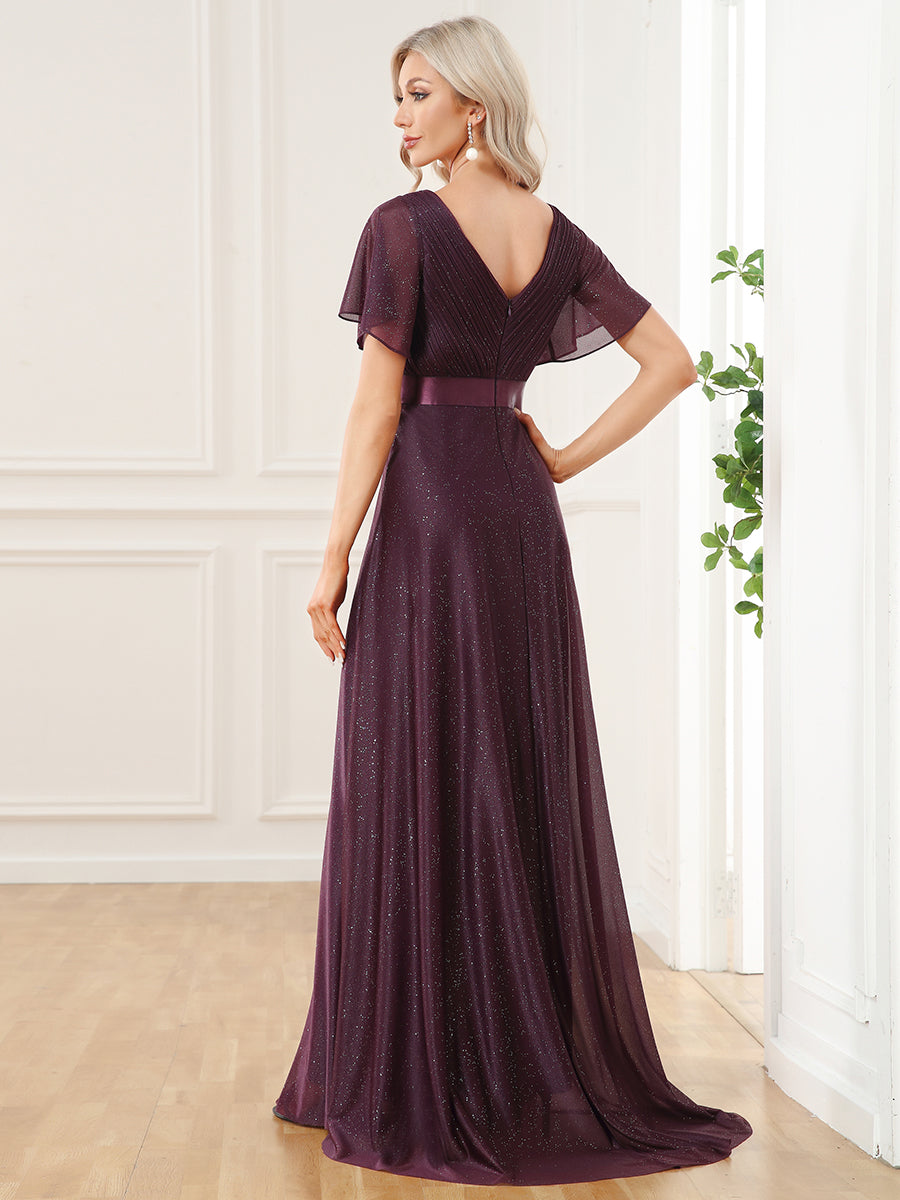 Bodenlanger A-Linien Kleid Mit Tiefem V-Ausschnitt Aus Diamant Leinen Falten Design Kleid #Farbe_Dunkelviolett