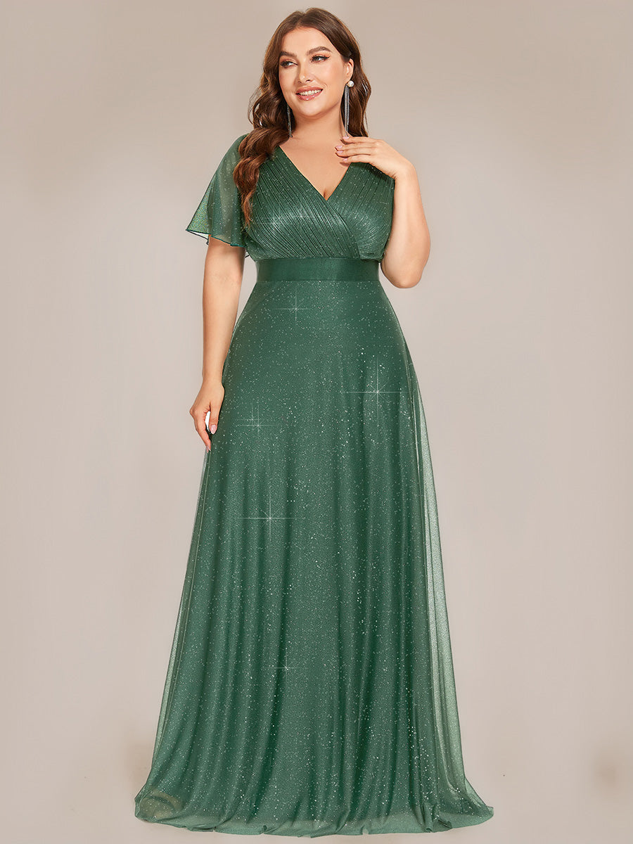 Bodenlanger A-Linien Kleid Mit Tiefem V-Ausschnitt Aus Diamant Leinen Falten Design Kleid #Farbe_Eukalyptus