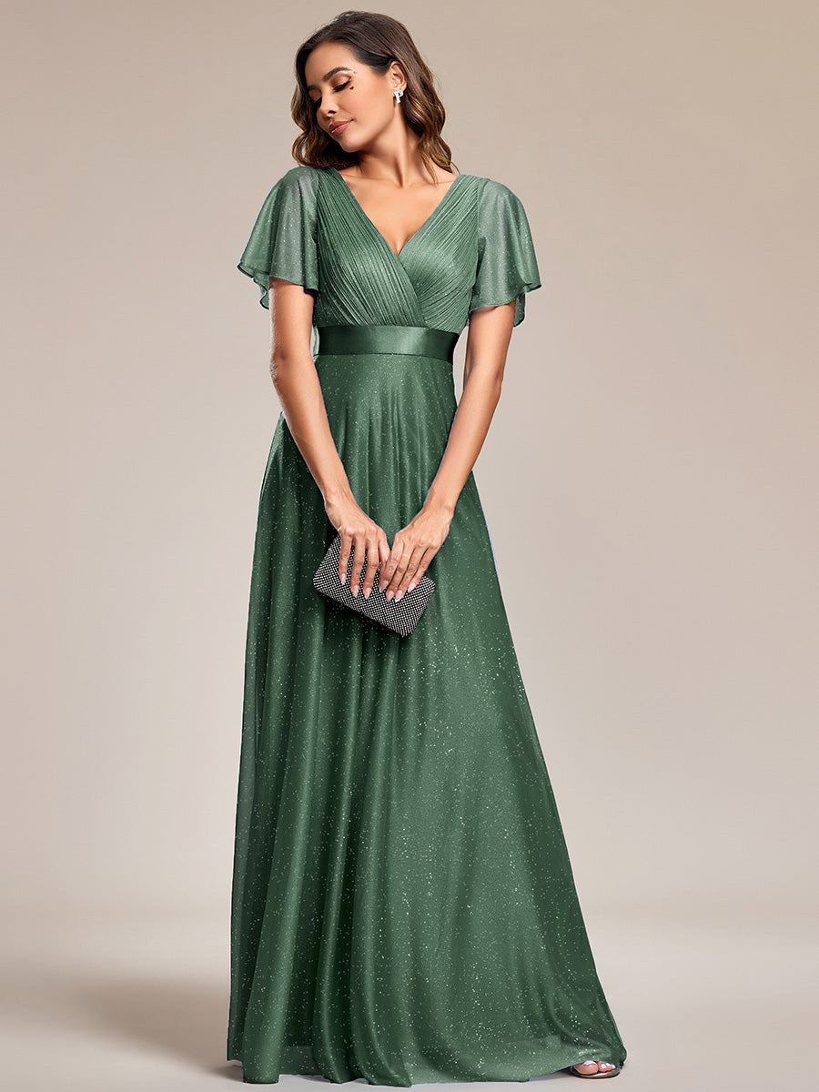 Bodenlanger A-Linien Kleid Mit Tiefem V-Ausschnitt Aus Diamant Leinen Falten Design Kleid #Farbe_Eukalyptus