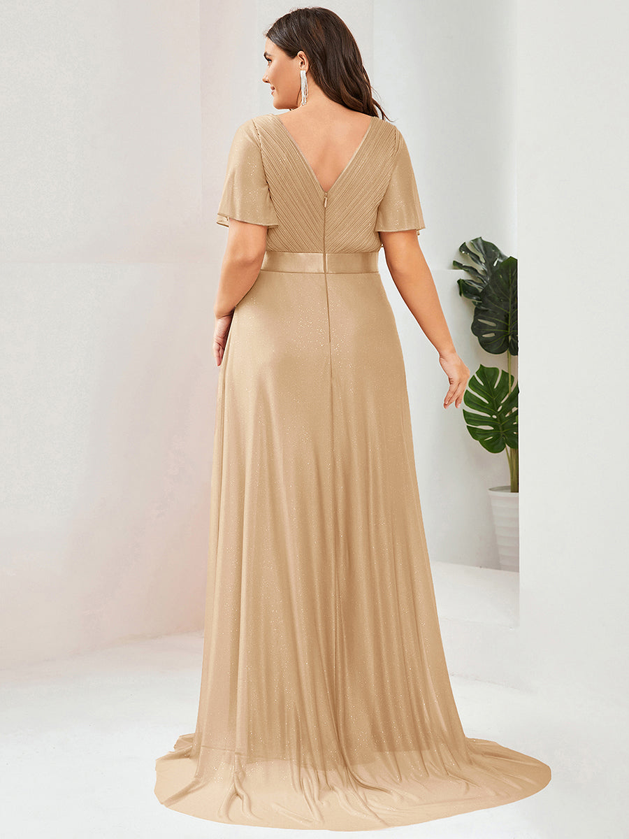 Bodenlanger A-Linien Kleid Mit Tiefem V-Ausschnitt Aus Diamant Leinen Falten Design Kleid #Farbe_Gold
