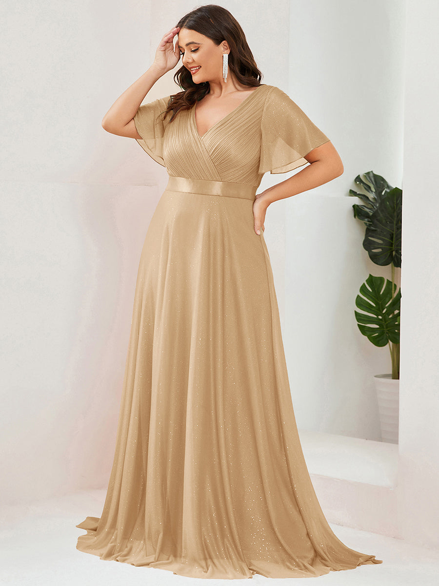 Bodenlanger A-Linien Kleid Mit Tiefem V-Ausschnitt Aus Diamant Leinen Falten Design Kleid #Farbe_Gold