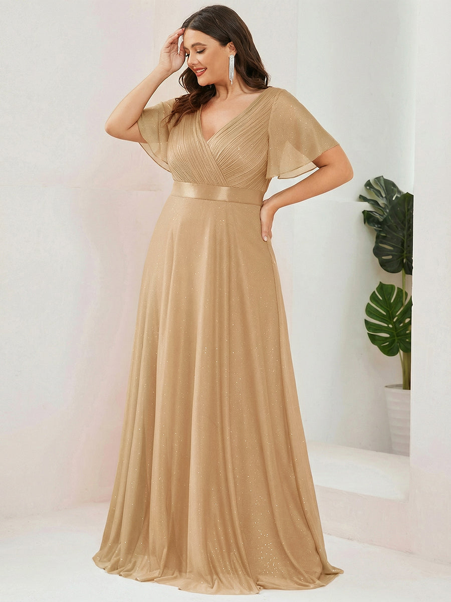 Bodenlanger A-Linien Kleid Mit Tiefem V-Ausschnitt Aus Diamant Leinen Falten Design Kleid #Farbe_Gold