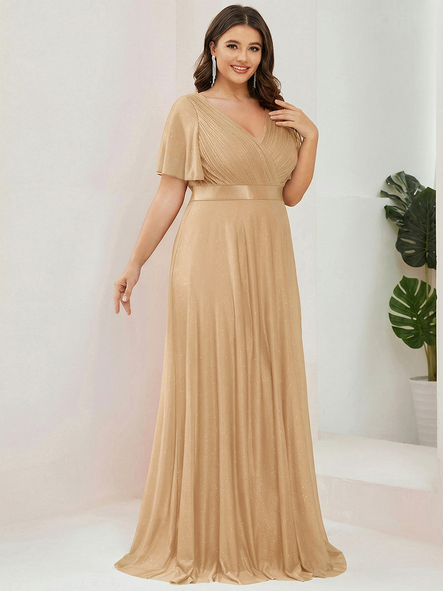 Bodenlanger A-Linien Kleid Mit Tiefem V-Ausschnitt Aus Diamant Leinen Falten Design Kleid #Farbe_Gold