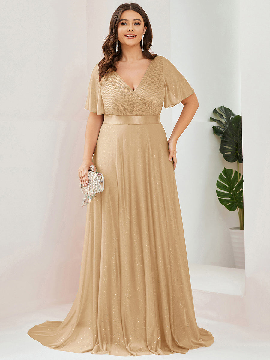 Bodenlanger A-Linien Kleid Mit Tiefem V-Ausschnitt Aus Diamant Leinen Falten Design Kleid #Farbe_Gold