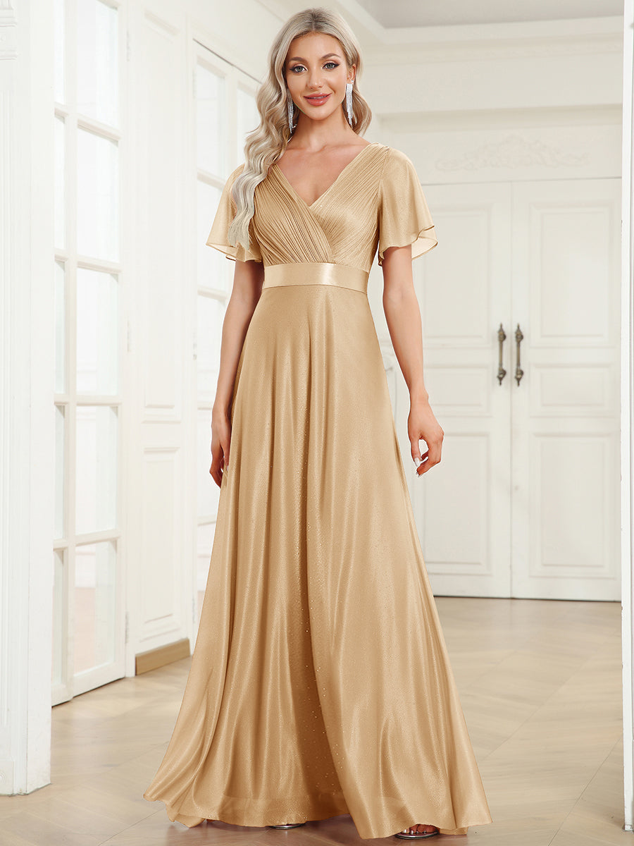 Bodenlanger A-Linien Kleid Mit Tiefem V-Ausschnitt Aus Diamant Leinen Falten Design Kleid #Farbe_Gold