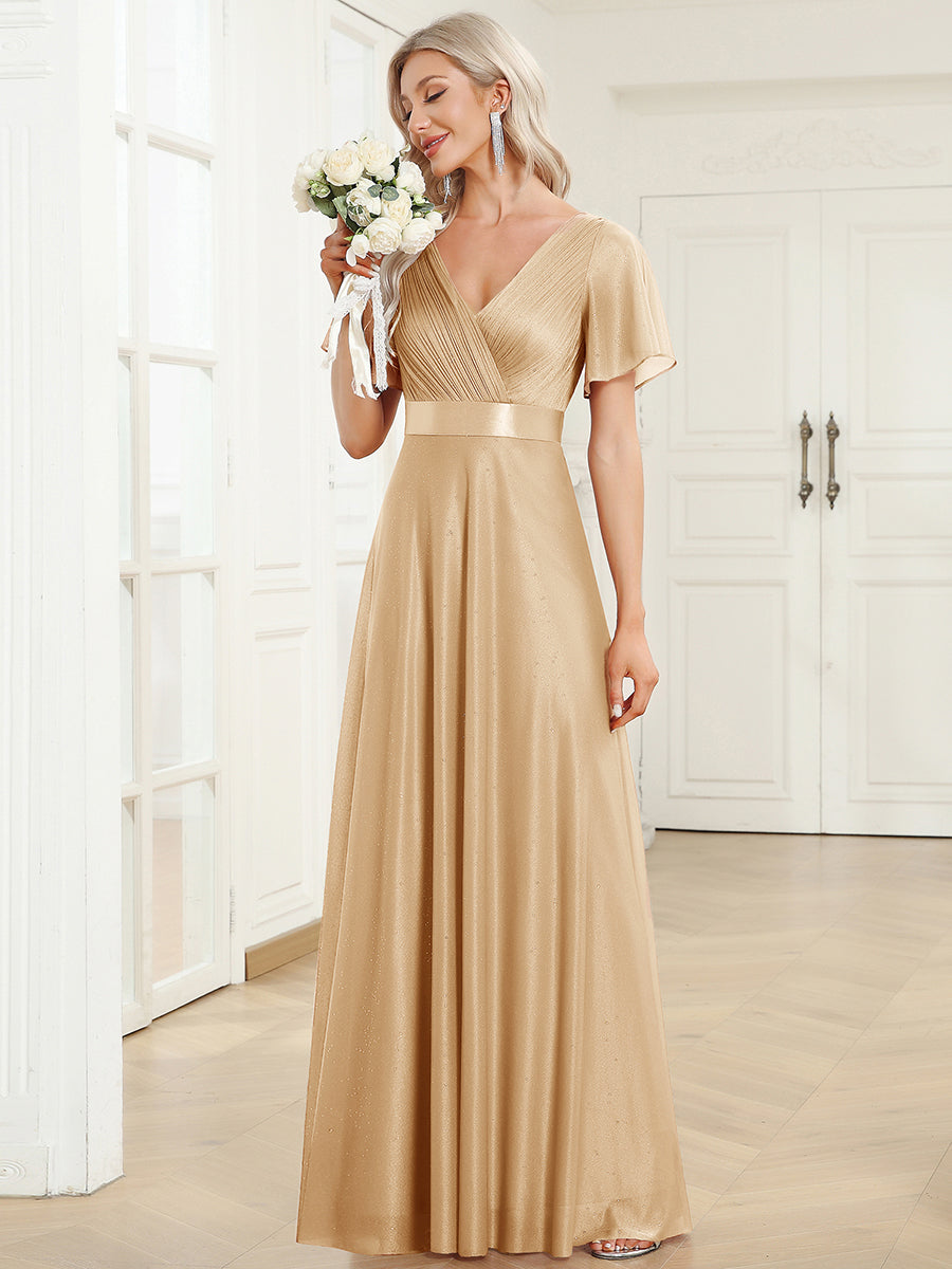 Bodenlanger A-Linien Kleid Mit Tiefem V-Ausschnitt Aus Diamant Leinen Falten Design Kleid #Farbe_Gold