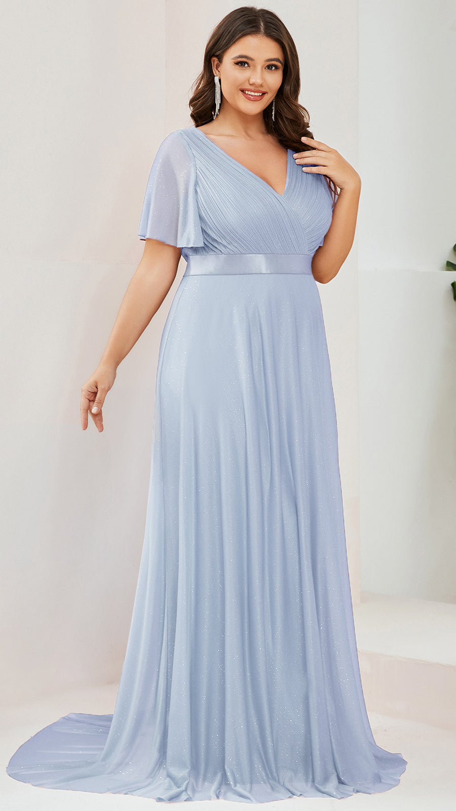 Bodenlanger A-Linien Kleid Mit Tiefem V-Ausschnitt Aus Diamant Leinen Falten Design Kleid #Farbe_Eisblau