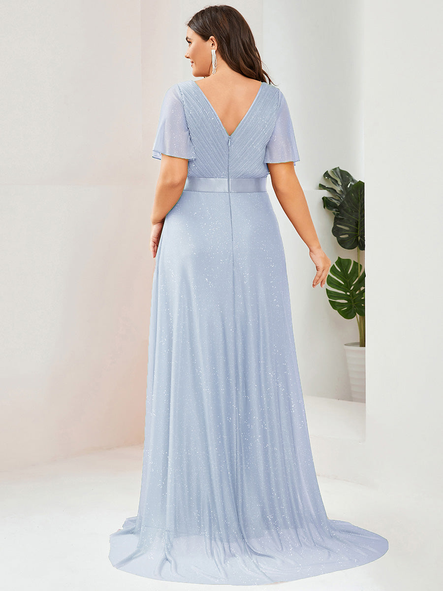 Bodenlanger A-Linien Kleid Mit Tiefem V-Ausschnitt Aus Diamant Leinen Falten Design Kleid #Farbe_Eisblau