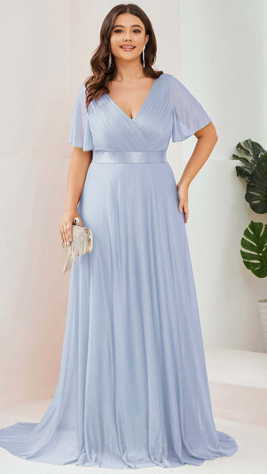 Bodenlanger A-Linien Kleid Mit Tiefem V-Ausschnitt Aus Diamant Leinen Falten Design Kleid #Farbe_Eisblau