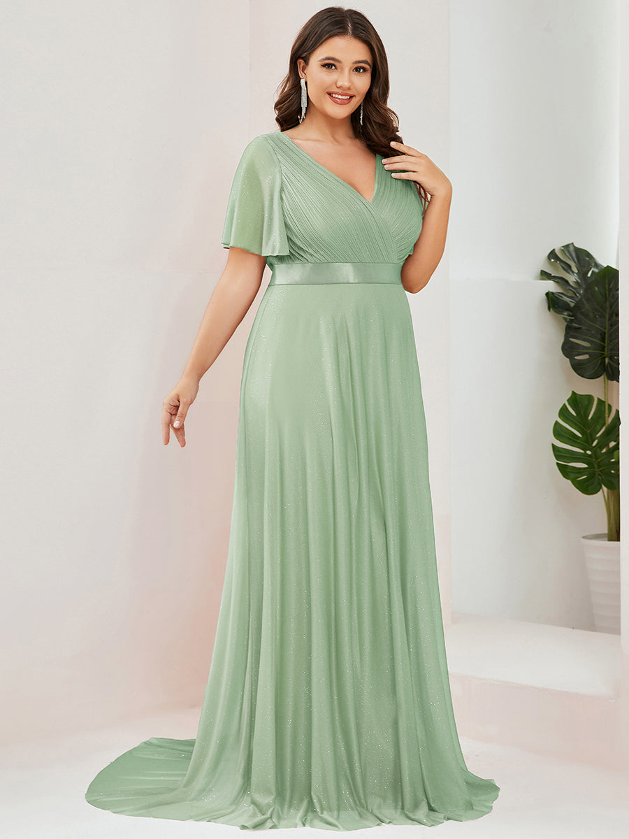 Bodenlanger A-Linien Kleid Mit Tiefem V-Ausschnitt Aus Diamant Leinen Falten Design Kleid #Farbe_Mintgrün