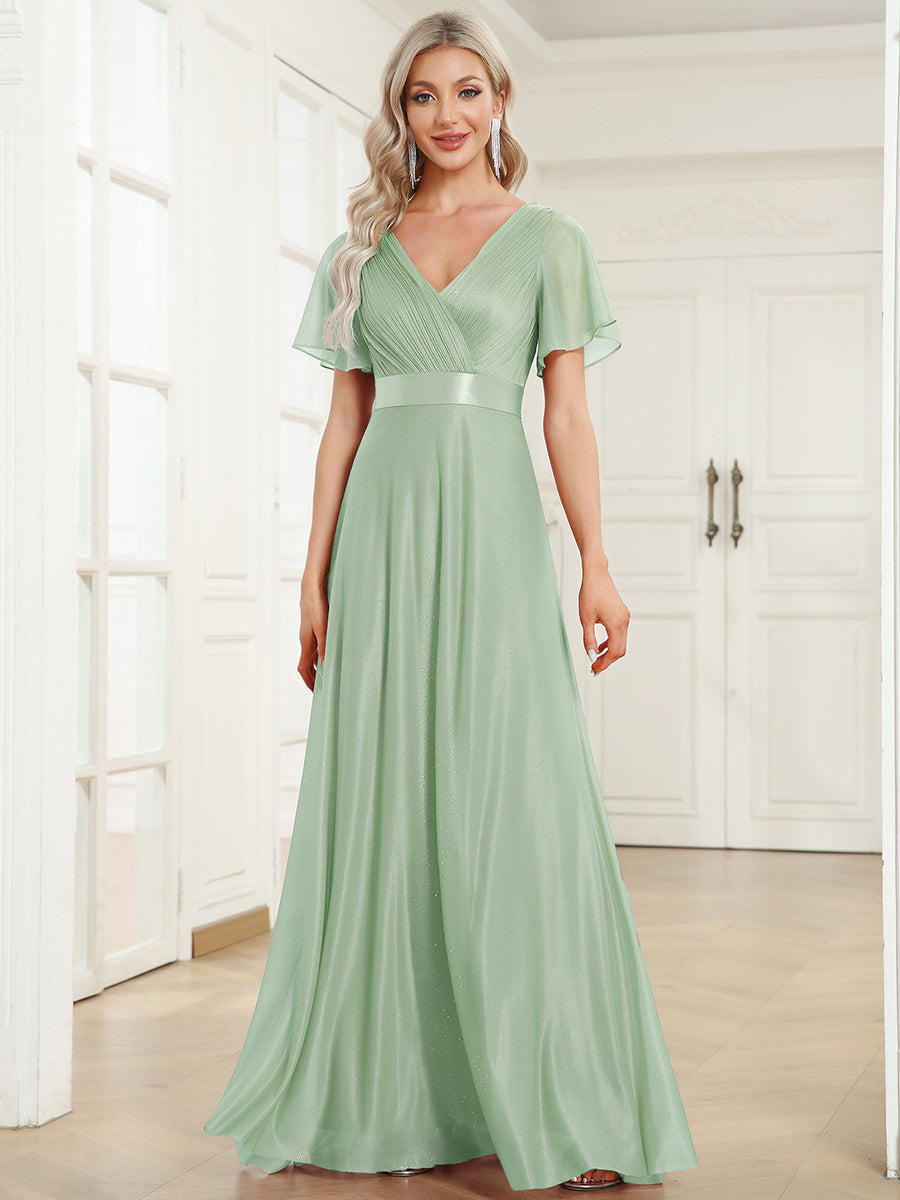 Bodenlanger A-Linien Kleid Mit Tiefem V-Ausschnitt Aus Diamant Leinen Falten Design Kleid #Farbe_Mintgrün