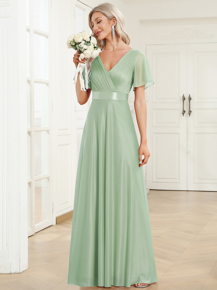 Bodenlanger A-Linien Kleid Mit Tiefem V-Ausschnitt Aus Diamant Leinen Falten Design Kleid #Farbe_Mintgrün