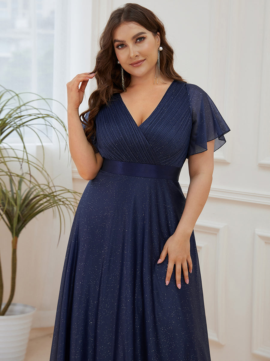 Bodenlanger A-Linien Kleid Mit Tiefem V-Ausschnitt Aus Diamant Leinen Falten Design Kleid #Farbe_Marineblau
