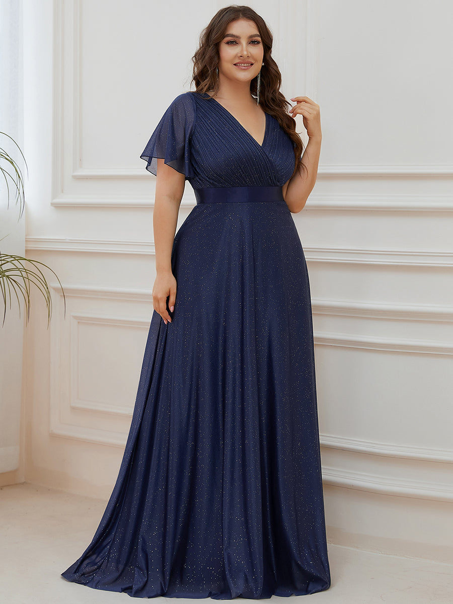 Bodenlanger A-Linien Kleid Mit Tiefem V-Ausschnitt Aus Diamant Leinen Falten Design Kleid #Farbe_Marineblau