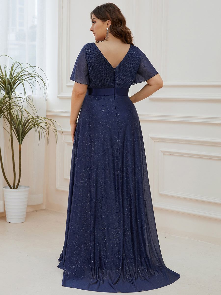 Bodenlanger A-Linien Kleid Mit Tiefem V-Ausschnitt Aus Diamant Leinen Falten Design Kleid #Farbe_Marineblau