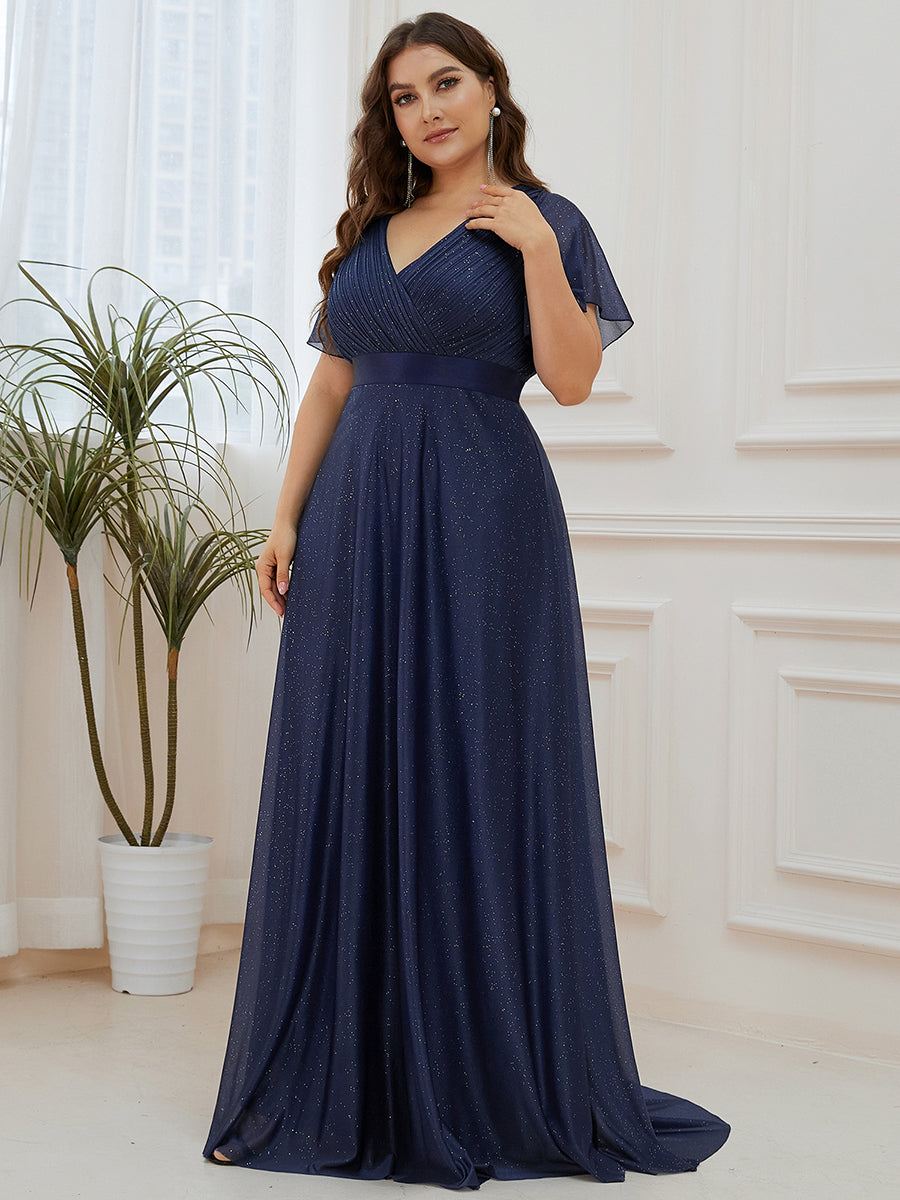 Bodenlanger A-Linien Kleid Mit Tiefem V-Ausschnitt Aus Diamant Leinen Falten Design Kleid #Farbe_Marineblau