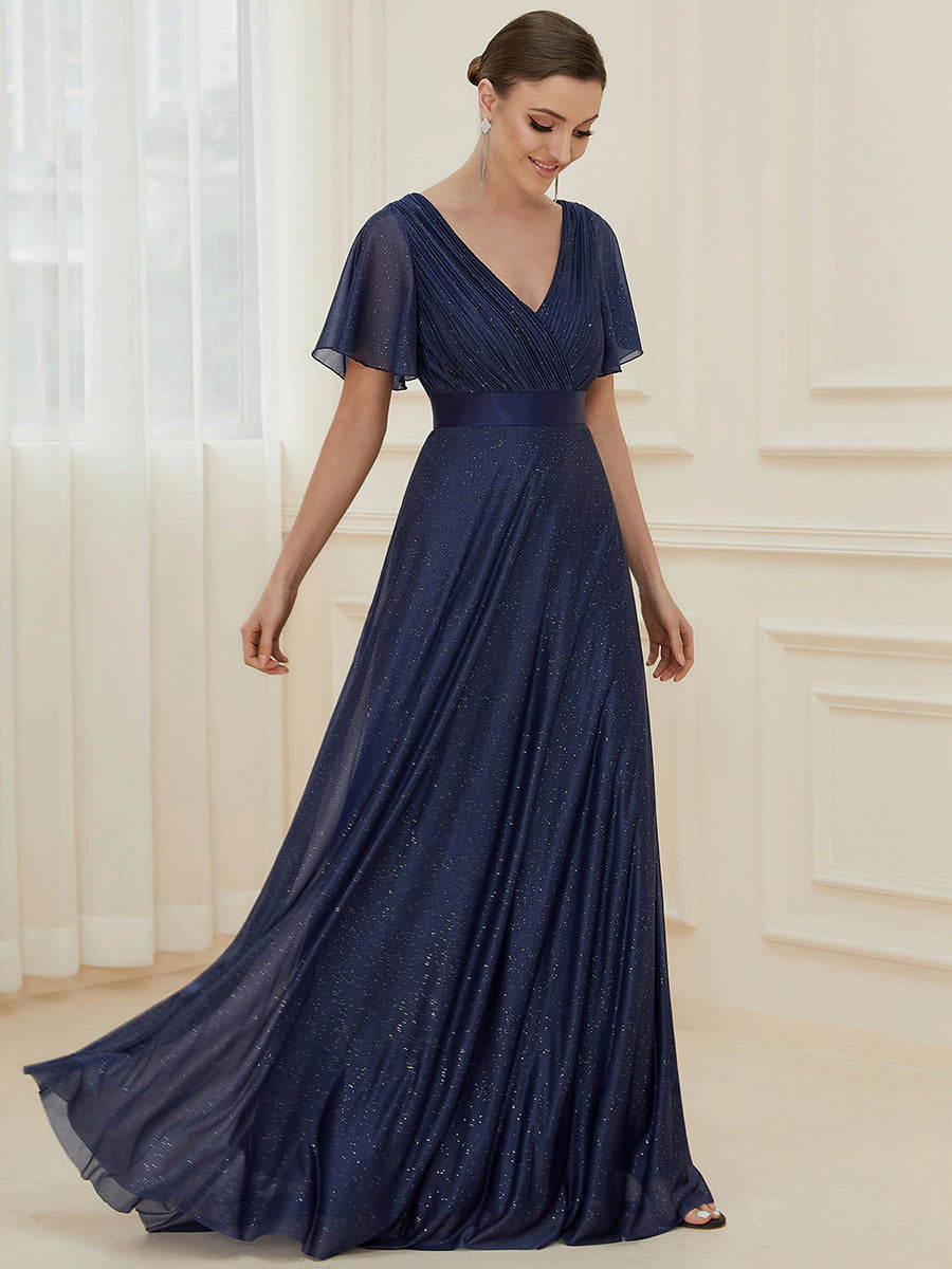 Bodenlanger A-Linien Kleid Mit Tiefem V-Ausschnitt Aus Diamant Leinen Falten Design Kleid #Farbe_Marineblau