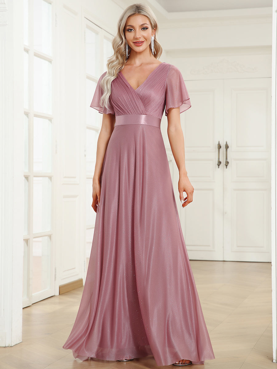 Bodenlanger A-Linien Kleid Mit Tiefem V-Ausschnitt Aus Diamant Leinen Falten Design Kleid #Farbe_Orchideenviolett