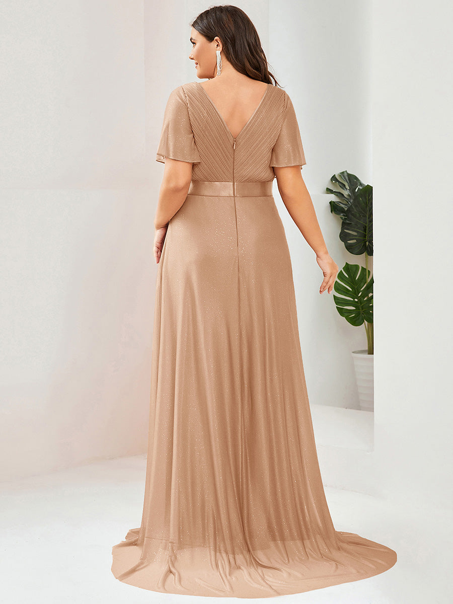 Bodenlanger V-Ausschnitt A-Linie Diamant Leinenkleid Mit Tiefem V-Ausschnitt Und Falten Details Kleid #Farbe_Roségold