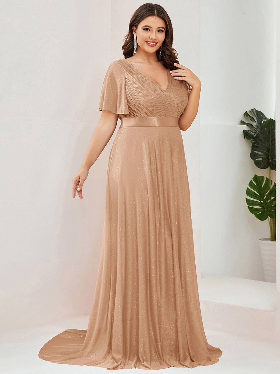 Bodenlanger V-Ausschnitt A-Linie Diamant Leinenkleid Mit Tiefem V-Ausschnitt Und Falten Details Kleid #Farbe_Roségold
