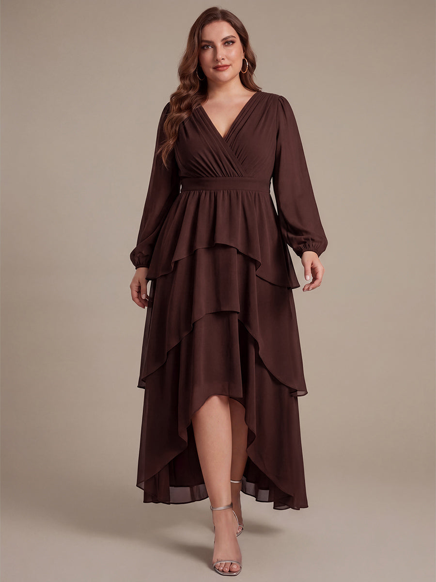 Asymmetrischer Saum Kleid Überkreuzter Ausschnitt A-Linien Schnitt Chiffon Smocked Volants #Farbe_Chocolate Brown