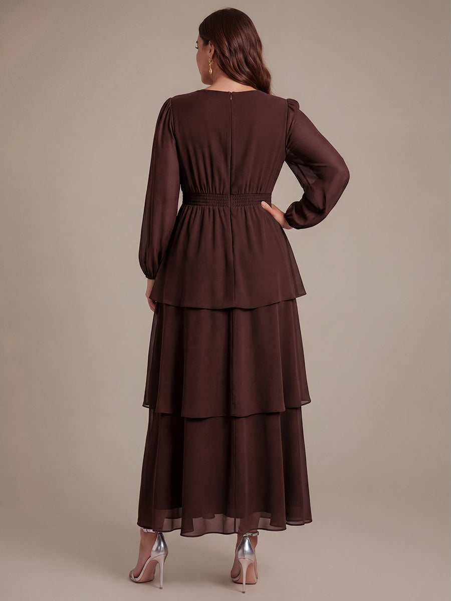 Asymmetrischer Saum Kleid Überkreuzter Ausschnitt A-Linien Schnitt Chiffon Smocked Volants #Farbe_Chocolate Brown