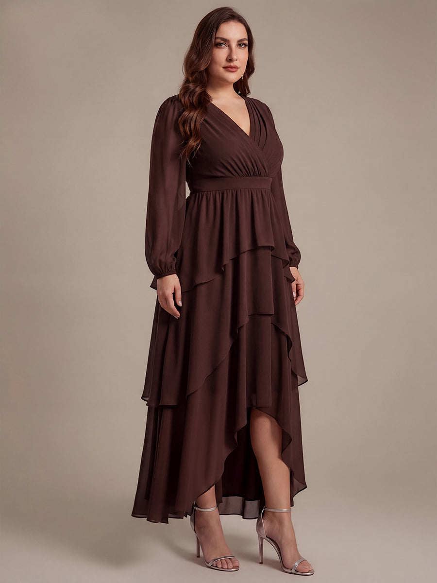 Asymmetrischer Saum Kleid Überkreuzter Ausschnitt A-Linien Schnitt Chiffon Smocked Volants #Farbe_Chocolate Brown